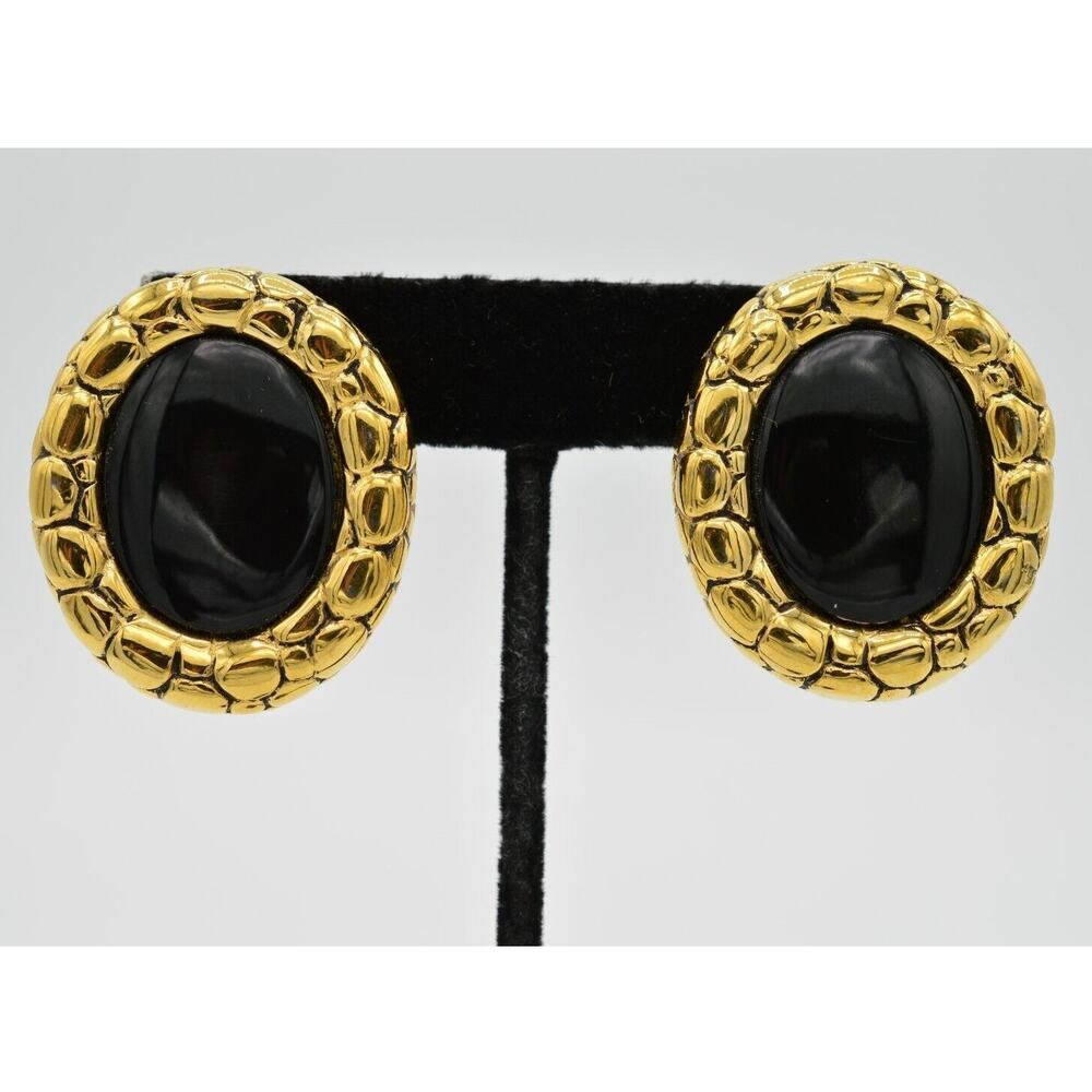 Givenchy Vintage Cabochon Clip On Earrings Black Heavy Pebbled Gold Signed BinH